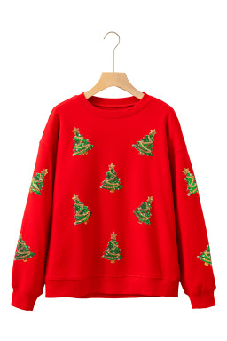 Red Sequin Christmas Tree Graphic Patch Application Drop Shoulder Sweatshirt