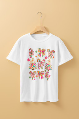 White Christmas Tree Bowknot Print Graphic T Shirt