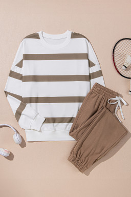 Light French Beige Striped Drop Shoulder Pullover and Joggers Set