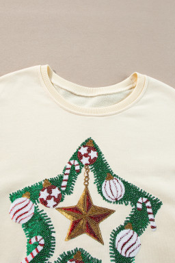 Apricot Sequin Christmas Star Color Block Sleeve Side Slits Sweatshirt