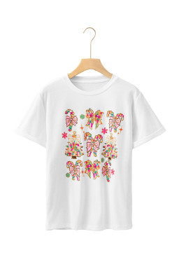 White Christmas Tree Bowknot Print Graphic T Shirt