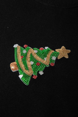 Black Sequin Christmas Tree Pattern Round Neck Plus Size Sweatshirt