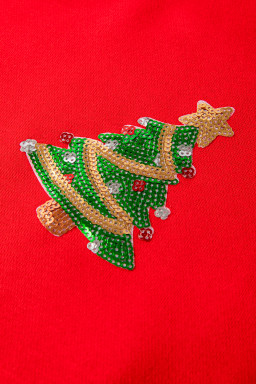 Red Sequin Christmas Tree Graphic Patch Application Drop Shoulder Sweatshirt