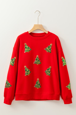 Red Sequin Christmas Tree Graphic Patch Application Drop Shoulder Sweatshirt