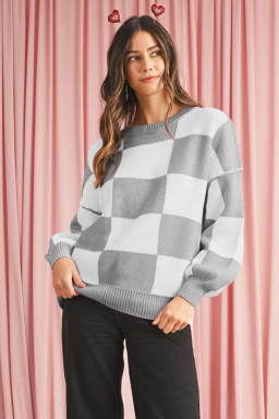 Gray Checkered Bishop Sleeve Pullover Sweater