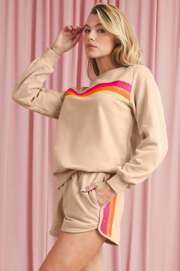 Apricot Colorful Striped Long Sleeve Pullover and Shorts Set