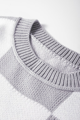 Gray Checkered Bishop Sleeve Pullover Sweater