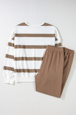 Light French Beige Striped Drop Shoulder Pullover and Joggers Set