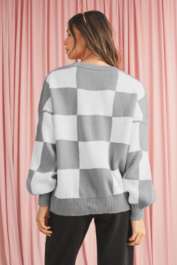 Gray Checkered Bishop Sleeve Pullover Sweater