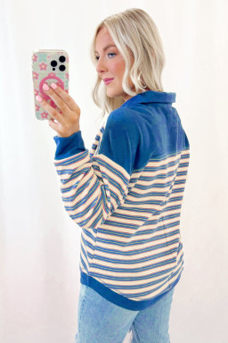 Blue Stripe Collared V Neck Drop Shoulder Top