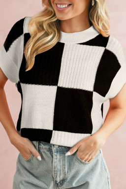 Black Checkered Color Block Crew Neck Short Sleeve Sweater