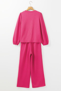 Rose Red Textured Puff Sleeve Top and Pants Set