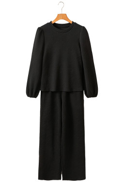 Black Textured Puff Sleeve Top and Pants Set