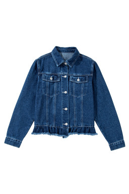 Navy Blue Ruffle Raw Hem Flap Pockets Denim Jacket