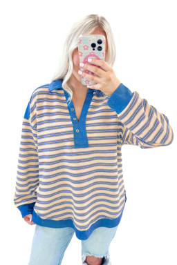 Blue Stripe Collared V Neck Drop Shoulder Top