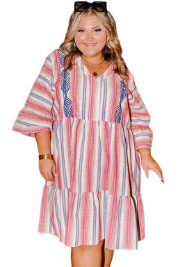 White Stripe Geometric Detail Flared 3/4 Sleeve V Neck Plus Dress