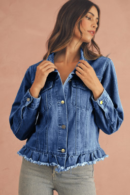 Navy Blue Ruffle Raw Hem Flap Pockets Denim Jacket