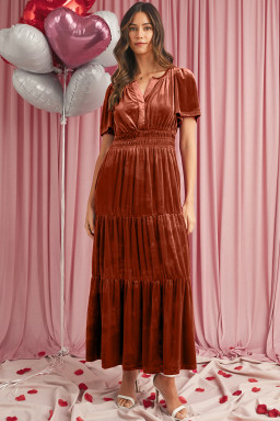 Chestnut Elegant Velvet Shirred Waist Tiered Maxi Dress