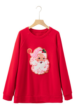 Red Santa Claus Graphic Crewneck Raglan Sleeve Christmas Sweatshirt