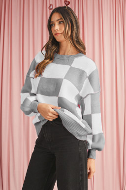 Gray Checkered Bishop Sleeve Pullover Sweater