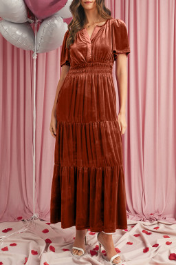 Chestnut Elegant Velvet Shirred Waist Tiered Maxi Dress