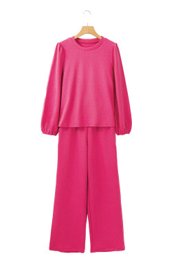 Rose Red Textured Puff Sleeve Top and Pants Set