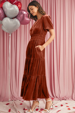 Chestnut Elegant Velvet Shirred Waist Tiered Maxi Dress