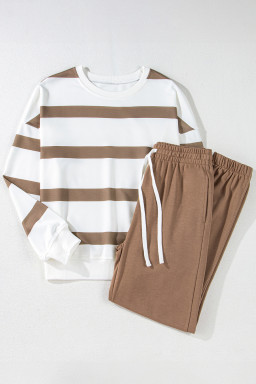 Light French Beige Striped Drop Shoulder Pullover and Joggers Set