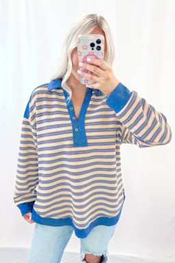 Blue Stripe Collared V Neck Drop Shoulder Top