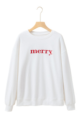 Beige Merry Graphic Embroidered Crewneck Sweatshirt