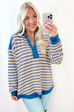 Blue Stripe Collared V Neck Drop Shoulder Top
