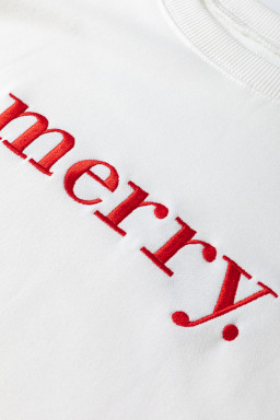 Beige Merry Graphic Embroidered Crewneck Sweatshirt