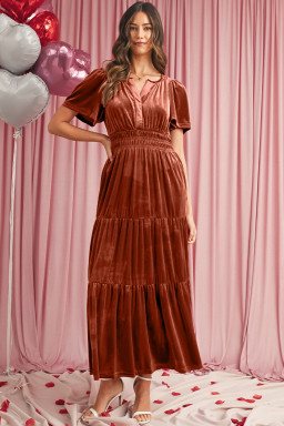 Chestnut Elegant Velvet Shirred Waist Tiered Maxi Dress