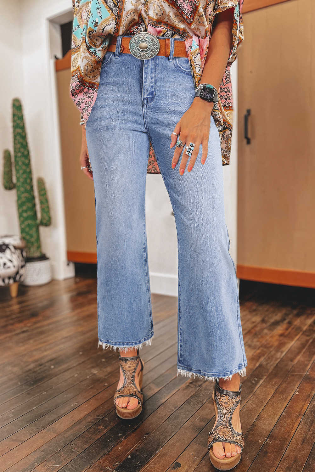 Beau Blue Mineral Wash Raw Hem High Waist Flared Jeans