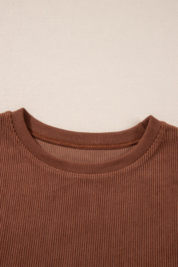 Chestnut Plain Drop Sleeve Crinkle Rib Oversized Sweatshirt