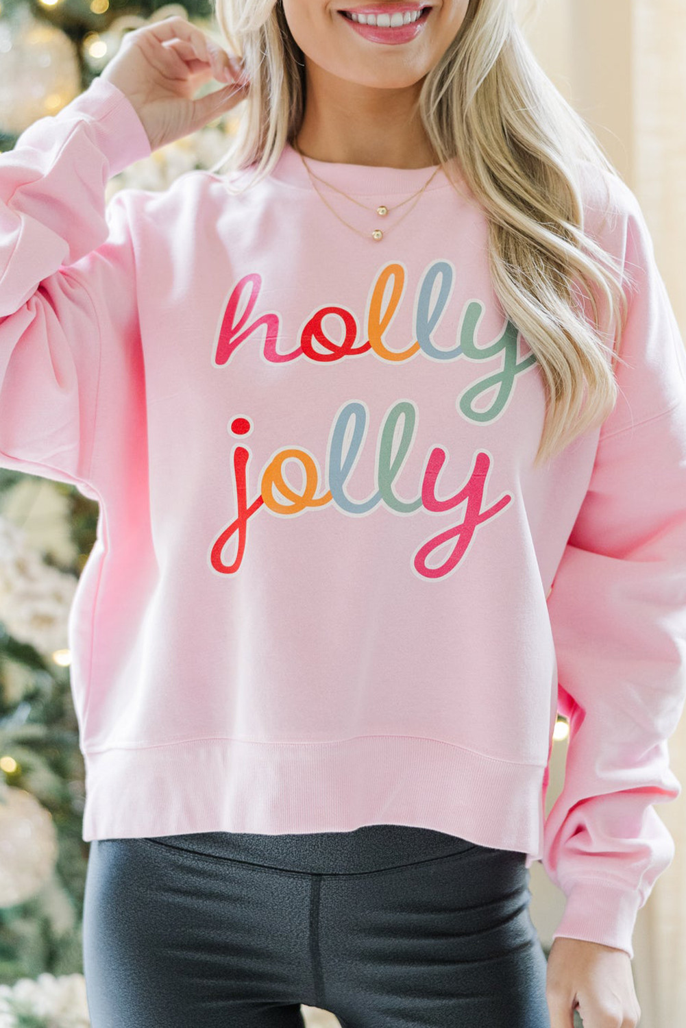Pink holly jolly Printed Round Neck Sweatshirt