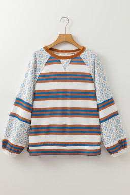 White Striped Floral Patchwork Lantern Sleeve Top