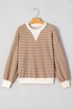 Khaki Striped Textured Round Neck Long Sleeve Top