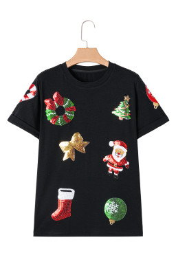 Black Sequin Christmas Graphic Patch Application Crewneck T Shirt