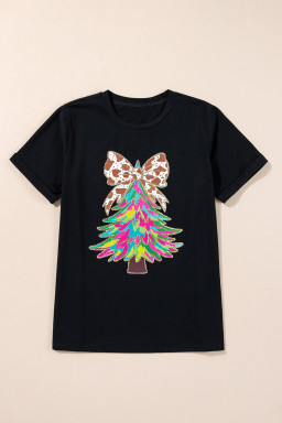 Black Bowknot Christmas Tree Printed T Shirt