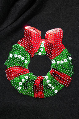 Black Sequin Christmas Graphic Patch Application Crewneck T Shirt