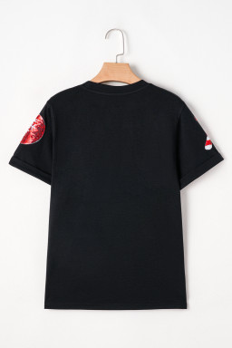 Black Sequin Christmas Graphic Patch Application Crewneck T Shirt