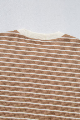 Khaki Striped Textured Round Neck Long Sleeve Top