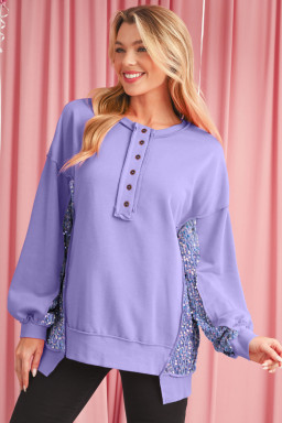 Lilac Sequin Patchwork Henley Sweatshirt