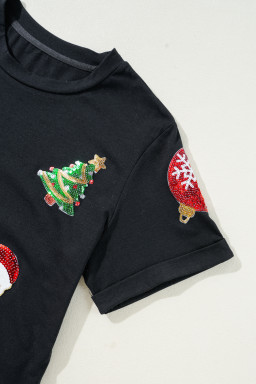 Black Sequin Christmas Graphic Patch Application Crewneck T Shirt