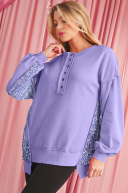 Lilac Sequin Patchwork Henley Sweatshirt