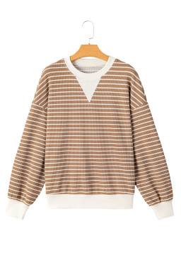 Khaki Striped Textured Round Neck Long Sleeve Top
