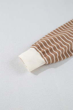 Khaki Striped Textured Round Neck Long Sleeve Top