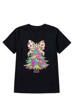 Black Bowknot Christmas Tree Printed T Shirt