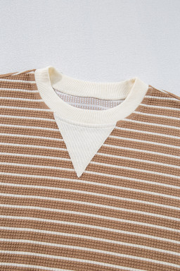 Khaki Striped Textured Round Neck Long Sleeve Top